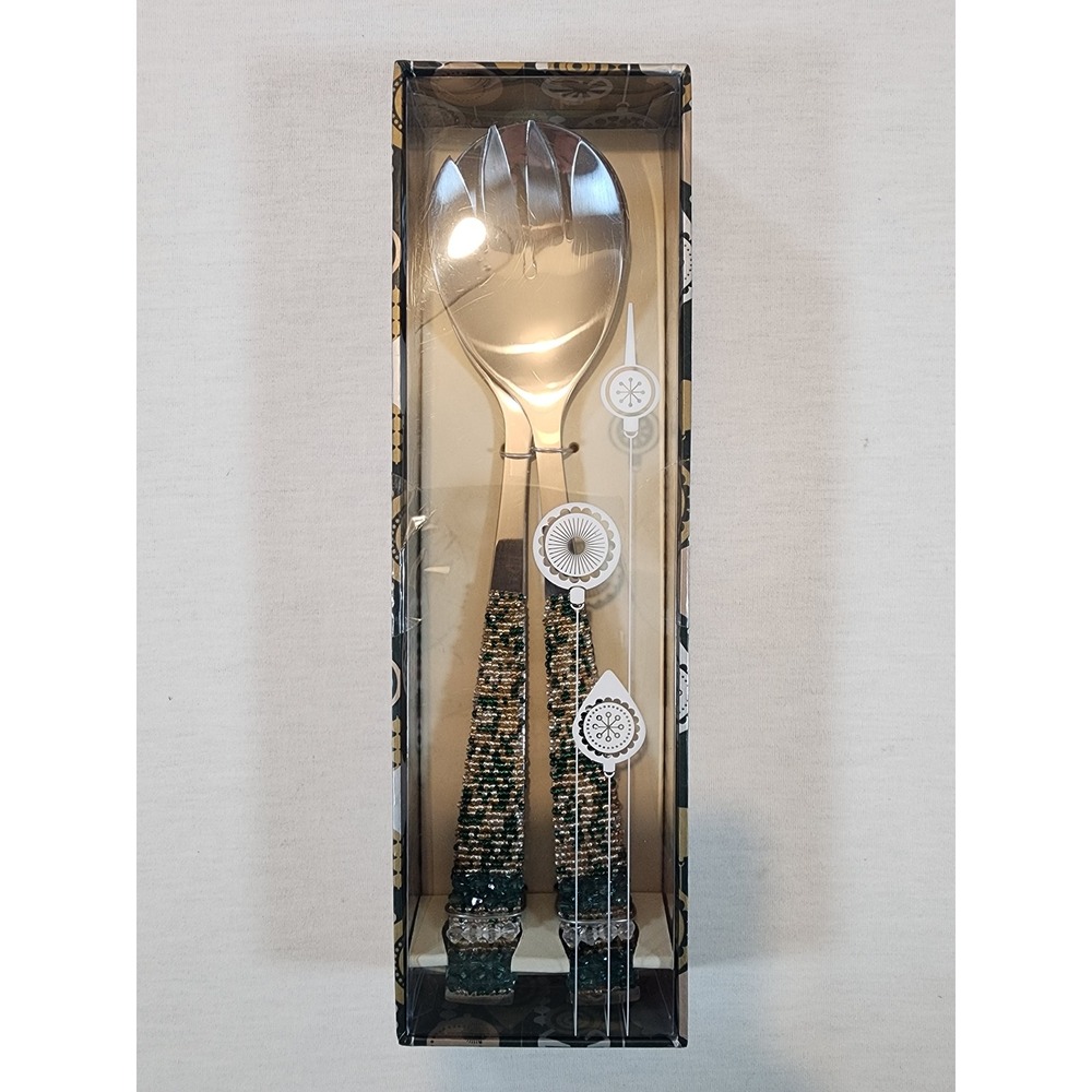 Wild Eye Designs Salad Server Set Gold Green Beaded Handcrafted‎ Tableware 2pc